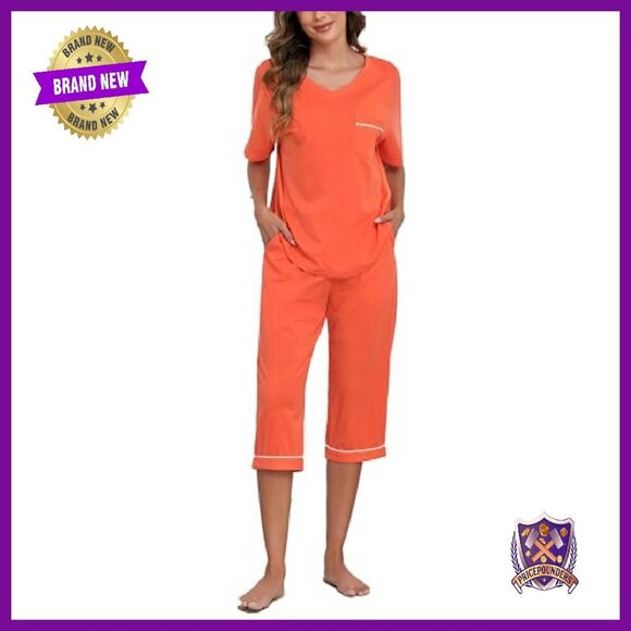 Women's 100% Cotton Pajama Set Short Sleeve Shirt Capri Pants Pockets - Picture 2 of 8